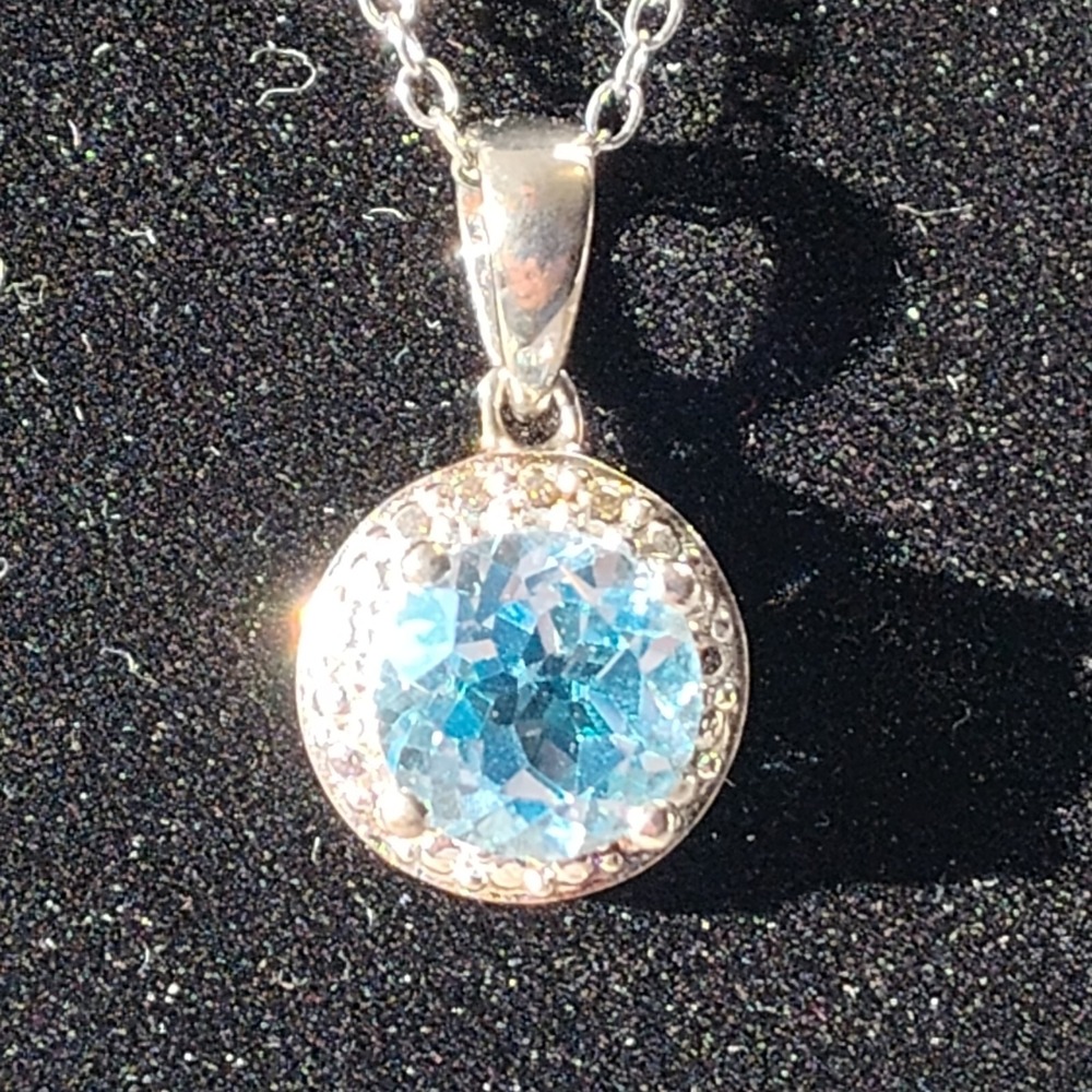 Blue Topaz December birthstone necklace marked 925 floating pendant